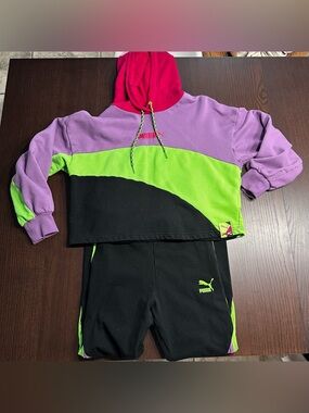 PUMA Women’s Small Hoodie & Leggings Set Hot Pink, Purple, Lime & Black